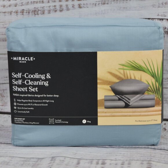 MIRACLE Made Self Cooling & Self Cleaning Blue King Luxe Sateen Sheet Set NEW - Picture 1 of 11